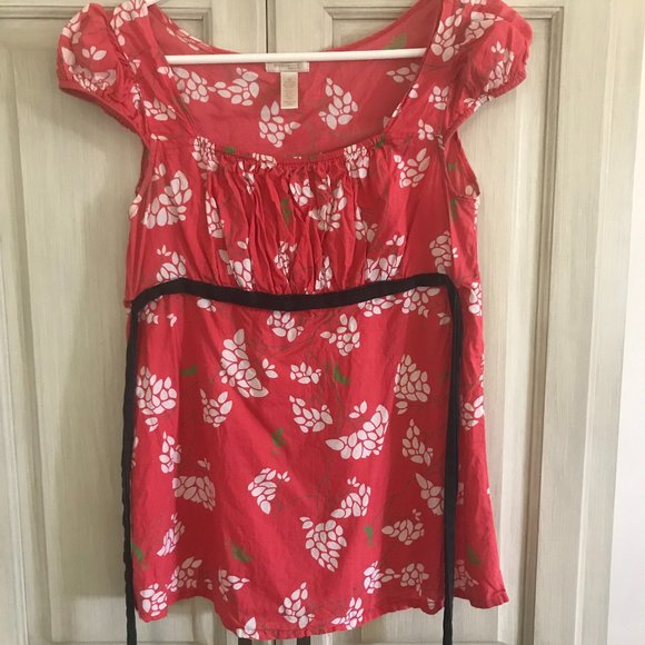 Red Empire Waist Top with Tie & Puffy Tank Sleeves - Picture 3 of 5